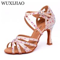 WUXIJIAO Women Salsa Party Ballroom Shoes Latin Dance Shoes Big Small Rhinestone Shining Bronze Skin Black Satin  Cuba Heel 9Cm