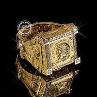 【2023】Fashion Man Ring 18K Gold Color Ring Luxury Domineering Square Carved Ring Wedding Engagement Ring Gift Party Jewelry Size 6-13