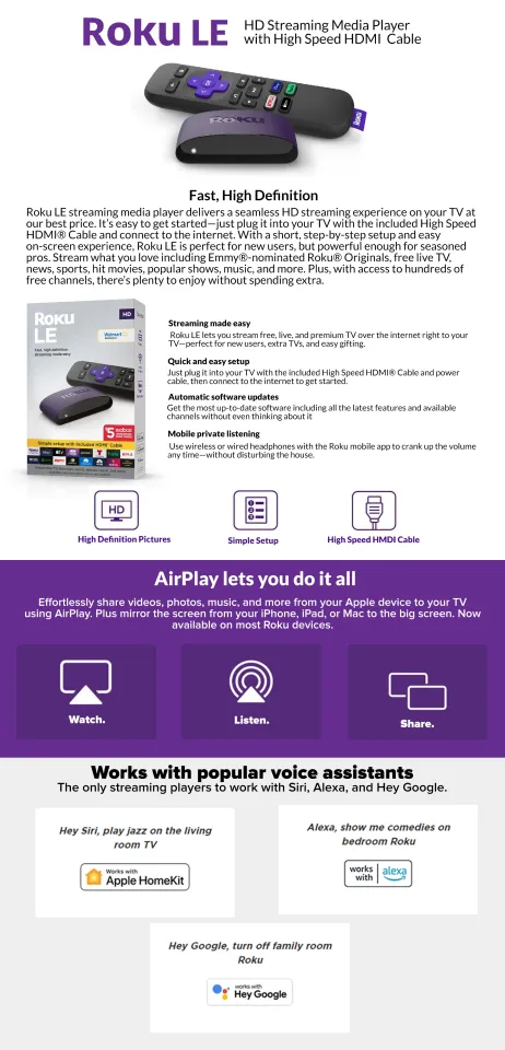 Roku LE HD Streaming Media Player with High Speed HDMI Cable and