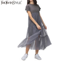 TWOTWINSTYLE Summer Korean Splicing Pleated Tulle T shirt Dress Women Big Size Black Gray Color Clothes New Fashion 2020