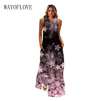 WAYOFLOVE Floral Print V Neck Dress Summer Holiday Beach Casual Elegant Vintage Dresses Woman Party Sleeveless Long Dress Women