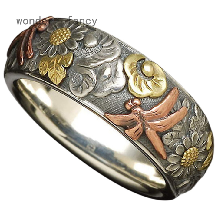 แหวนวินเทจ925เงินแท้18kสำหรับผู้หญิง-แหวนแต่งงานแหวนหมั้นลายดอกทานตะวันแมลงปอสีโรสโกลด์ขนาด5-10เหมาะสำหรับเป็นของขวัญวันครบรอบแต่งงาน
