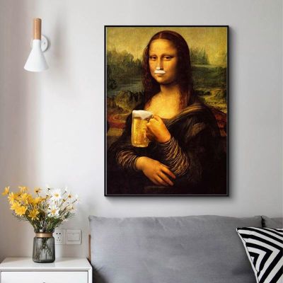 Spoof สนุก Mona Lisa ดื่มเบียร์ภาพวาดผ้าใบโปสเตอร์และพิมพ์ Quadro ภาพผนังศิลปะสำหรับห้องนั่งเล่น Cuadros Home Decor