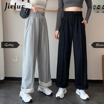 Jielur New High-waisted Pants Drawstring M-XL Wide Leg Pants Women Cool Black White Casual Harajuku BF Sweatpants Trousers 2021