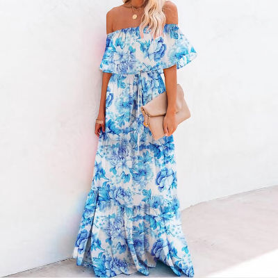 Multicolored Bohemian Ruffled Off Shoulder Self Belted Party Dress Cotton Tunic Women Plus Size Boho Maxi Dresses Vestidos A324