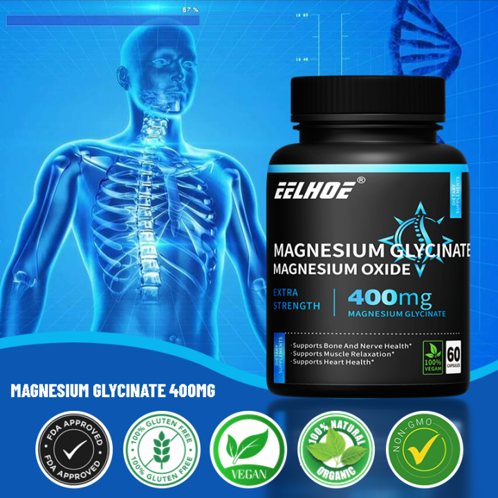 EELHOE Magnesium Glycinate 400 mg, Magnesium Oxide, Relieves Stress, Supports Sleep, Heart
