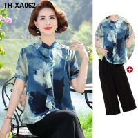 Mom summer fashion suit 2022 new broad wife two-piece middle-aged and elderly womens summer short-sleeved chiffon top