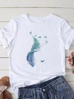 Summer Feather Watercolor 90S Graphic T Shirt Short Sleeve Women Print Casual Clothing Fashion Clothes Tee T-Shirt Female Top