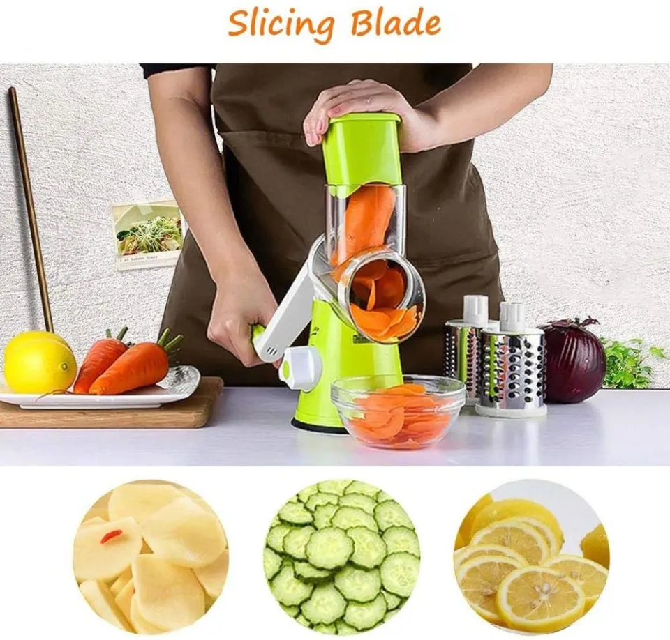 Vegetable Mandoline Slicer, 3 in 1 Round Veggie Chopper Fruit Cutter Cheese  Shredder Rotary Drum Grater with 3 Stainless Steel Blades,1 Julienne