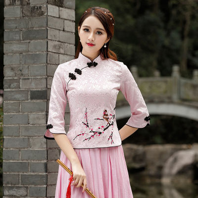 Chinese Fashion Tang Suit Top Shirts Women Summer Retro Cotton Plum Embroidered Three-quarter Sleeve Cheongsam Top Plus Size 4XL