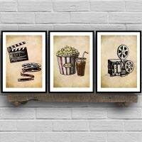 ภาพยนตร์โรงละคร Vintage Art โปสเตอร์ผ้าใบภาพวาดภาพผนัง Popcorn ฟิล์ม Clapper พิมพ์สำหรับ Home Cinema Retro ตกแต่ง