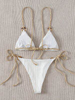 2023 Sexy Bikini Set Cute White Plain Ring Linked Spaghetti Strap Triangle Biquini Swimsuit Swimwear Women Bathing Suit B0