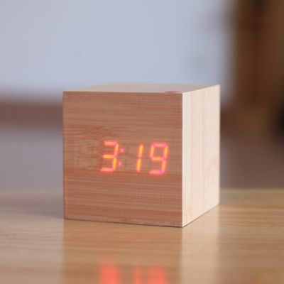 【Worth-Buy】 ลูกบาศก์ไม้นำนาฬิกาปลุก Despertador อุณหภูมิการควบคุมเสียงจอแสดงผล Led Sku4a4a3นาฬิกาดิจิตอลตั้งโต๊ะ