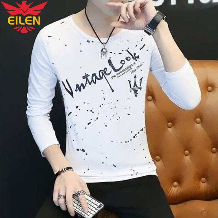 eilen-เสื้อยืดขายดีแขนยาวของผู้ชาย-เสื้อยืดคอกลมฉบับภาษาเกาหลีรัดรูป