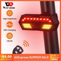 WEST ขี่จักรยาน5เมตรระยะไกลจักรยานไฟท้าย LED เลี้ยว MTB ไฟจักรยานกันน้ำ USB ชาร์จขี่จักรยานด้านหลังโคมไฟปลุกเสียง