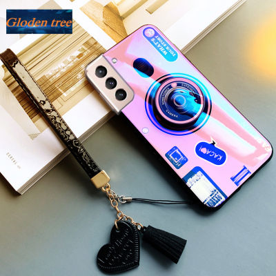 Gloden tree For Samsung Galaxy S23 S23Plus S23Ultra Case Camera Pattern + Stand + Beautiful Tassel Hand Strap Protective Back Cover Couple Cases