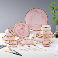 New Double-sided Gilt Rim Pink Marble Pattern Porcelain Dinner Plate Salad Noodles Bowl Spoon Ceramic Kitchen Tableware 1Pcs