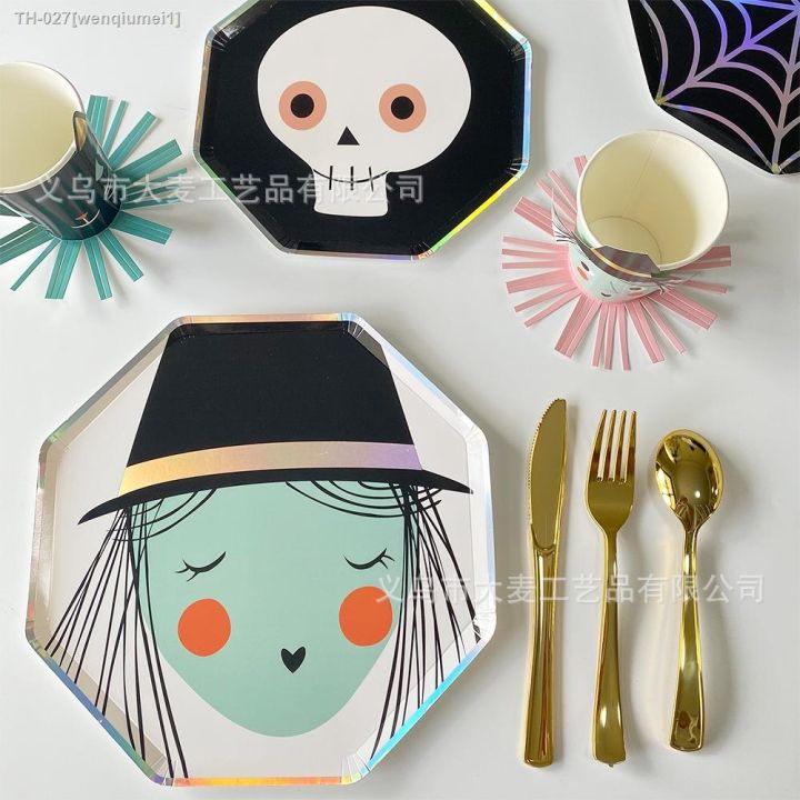 ๑-halloween-party-disposable-tableware-set-pumpkin-witch-spider-web-polygonal-paper-plates-kids-favor-happy-helloween-party-decor
