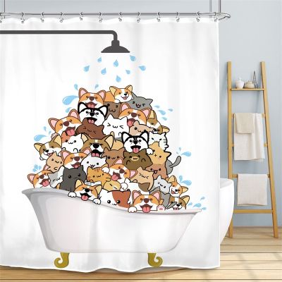 【CW】┇  Raining Cats and Dogs Shower Curtain Kids Clouds Raindrops Cartoon Print Fabric