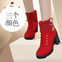 ready stock new women s boots autumn and winter plus velvet all-match black fashion boots ankle boots British style high-heeled thick-heeled short boots women