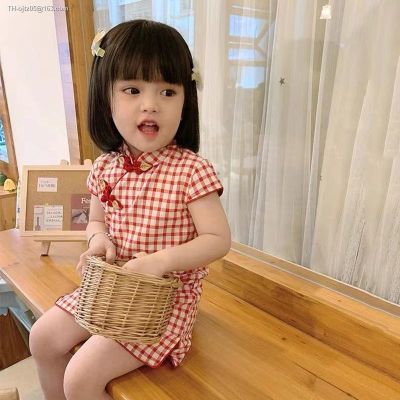 Baby cheongsam summer 2023 children new girls grid brim hanfu baby Chinese qipao dress
