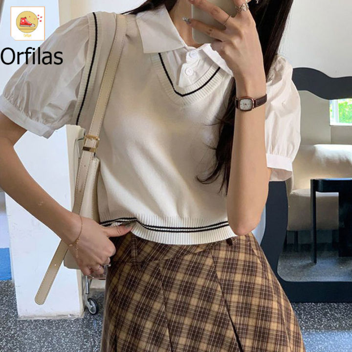 orfilas-เสื้อเชิ้ตคอปสําหรับผู้หญิงใหม่-ปลอมสองตัว-ปกโปโล-เสื้อถัก-สไตล์วิทยาลัย-จัดส่งจาประเทศไทย-เสื้อกั๊กถักนิตติ้ง