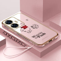 เคสโทรศัพท์พร้อมสำหรับเคส C55 Realme Realme เคส C55 (ฟรีสายคล้อง) ลายการ์ตูนน่ารักวินนี่ช้อนส้อมมีดหมีพูห์หมีพูขอบสี่เหลี่ยมเคสชุบเคสโทรศัพท์เคสโทรศัพท์นิ่มสุดหรู