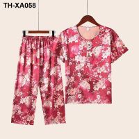 Summer Chinese style middle-aged and elderly womens mother suit imitation silk short-sleeved round neck nine-point pants can be worn outside home clothes