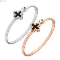 สร้อยข้อมือโคลเวอร์สี่ใบรูปทรงเรขาคณิต MODE Korea โชคดี Gelang Rose Gold ผู้หญิงเปิดเครื่องประดับมือ Minyuan