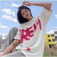 COD Design sense fabric stitching letters short-sleeved T-shirt womens summer loose round neck white all-match chic top