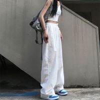 Ready Stock 2022 New Style Plus Size Womens White Wide-Leg Pants Summer Loose vibe High Waist Drape Slimmer Look Casual Straight