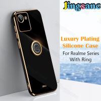 Jingsanc สำหรับ Realme C30โทรศัพท์กรณีหรูหราชุบกับผู้ถือแหวนปลอกที่เรียบง่ายยืนซิลิโคนไฟฟ้าตรงตารางขอบกรณีรวมทุกอย่างเลนส์ปกหลัง