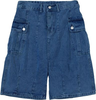 Mens Retro Loose Jean Shorts Straight Casual Washed Denim Shorts Classic Stretchy Short Pants with Pockets