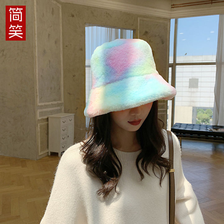 ฤดูใบไม้ร่วงและฤดูหนาวผู้หญิงหมวกชาวประมงเกาหลีมัดย้อมสีรุ้งตุ๊กตาแฟชั่นฤดูหนาวหมวกอุ่นหมวกน้ำ