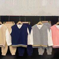 （HOT)010201 ฤดูใบไม้ผลิสำหรับเด็ก V เสื้อกล้ามคอปกแขนยาว T เสื้อยืดกางเกงขายาวสามชิ้น x