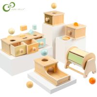 Children Montessori Object Permanence Box Hammer Box Macaron Wooden Toys Coin Ball Textile Drum Drawer Box Kids Sensory Toys DDJ