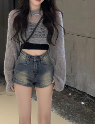 กางเกงขาสั้นผ้ายีนส์เอวสูงรัดรูปสไตล์เกาหลีสำหรับผู้หญิงฤดูร้อนแบบบางสำหรับคนตัวเล็กดูผอม A กางเกงร้อนคำ