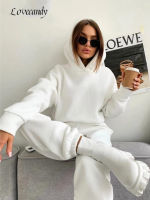 Fleece Women Oversize Sweatshirt Suit Solid Long Sleeve Hooded Top Elastic Waist Pant Lady 2 Piece Set . Autumn Sport Outfits