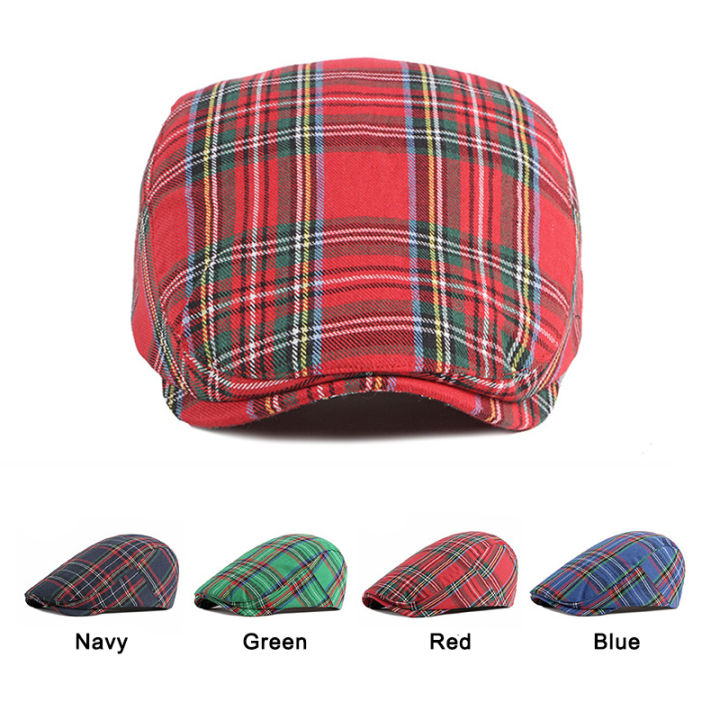 wuaumx-แฟชั่นปรับลายตาข่ายเบเร่ต์หมวกผู้หญิงผู้ชายฤดูใบไม้ผลิฤดูร้อนลายสก๊อต-visors-สีแดงสีเขียวสีฟ้า-duckbill-ก้างปลาหมวกแบน