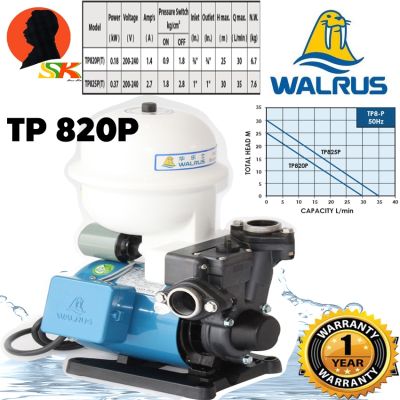 ( PRO+++ ) โปรแน่น.. ปั้มน้ำในบ้านออโต้ Automatic Booster Pump 180W ขนาดท่อ 1นิ้ว WALRUS รุ่นTP820P(T) (รับประกัน 1ปี) ราคาสุดคุ้ม ปั้ ม น้ำ ปั๊ม หอยโข่ง ปั้ ม น้ํา โซ ล่า เซล เครื่อง ปั๊ม น้ำ อัตโนมัติ