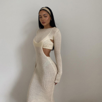 2021 Fall Knit See Through Fashion Long Sleeve Maxi Dress with Women Elegant Backless Sexy Cut Out Shawl Dresses 2 Pieces Set