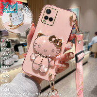 YiaMia เคสโทรศัพท์แฟชั่นสำหรับ VIVO Y21 Y21S Y21T Y33S Y33T V7 Y72 Y02 Y02S Y16 Y22 Y22S Y95 Y79 Y91C Y36 Y20 Y12A Y17 Y15 Y11 ตัวชุบโลหะหรูหรา Y30i สายยาวแฟชั่น KT กระจกเงาโต๊ะเครื่องแป้งแมวที่ยึดโทรศัพท์ผ้าคลุม