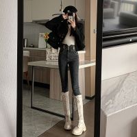 [COD] Korean version of high waist pencil plus velvet jeans womens 2022 autumn and winter new elastic slim nine-point