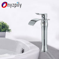 Onyzpily Bathroom Basin Faucet Chrome Brushed Nickel Sink Faucet Waterfall Spout Deck Mounted Vessel Faucet Hot&amp;Cold Water