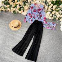 COD DSFERTGERRYYY 2023 New Style Printed Cross V-Neck Chiffon Top High Waist Wide-Leg Trousers Casual Two-Piece Suit Women