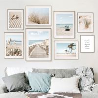 Ocean Pastel Beach Palm Tree หญ้า Trestle Conch Wall Art ภาพวาดผ้าใบโปสเตอร์และพิมพ์สำหรับตกแต่งห้องนั่งเล่น