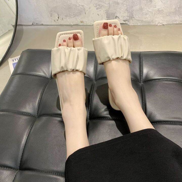 ผู้หญิงเกาหลีฤดูร้อนใหม่สไตล์เกาหลีใส่พับเย็นลากหัวสี่เหลี่ยมนางฟ้าลมรองเท้าแตะ-sf8341