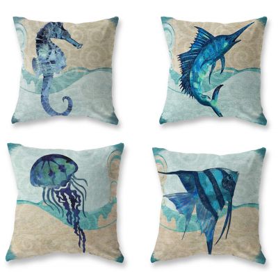 hot！【DT】㍿☾✕  life printing pillowcase living room cushion cover home decoration seahorse jellyfish tuna pillowcase