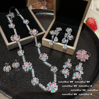 Vintage Princess Pink Gemstone Flower Necklace 18K Gold Plated Handmade Colorful Zircon Small Flower Earrings