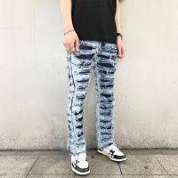 R American Snow Wash Ripped กางเกงยีนส์ผู้ชาย Vintage Streetwear Dark Heavy ทำลาย Hip-Hop ยาว Skinny Denim Jean สำหรับ Men